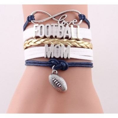 "Love Football Mom" Juwelerly Bransoletka Biało-granatowa ze złotym warkoczem